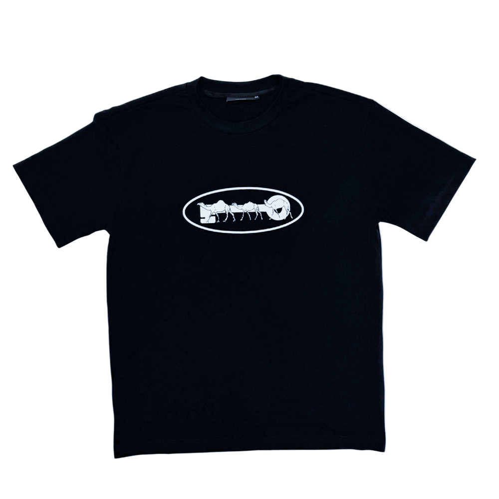 Black t-shirt with a white logo on a white background