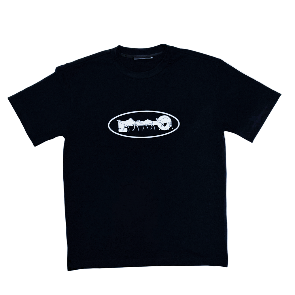 Black t-shirt with a white logo on a white background