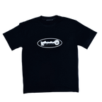 Black t-shirt with a white logo on a white background