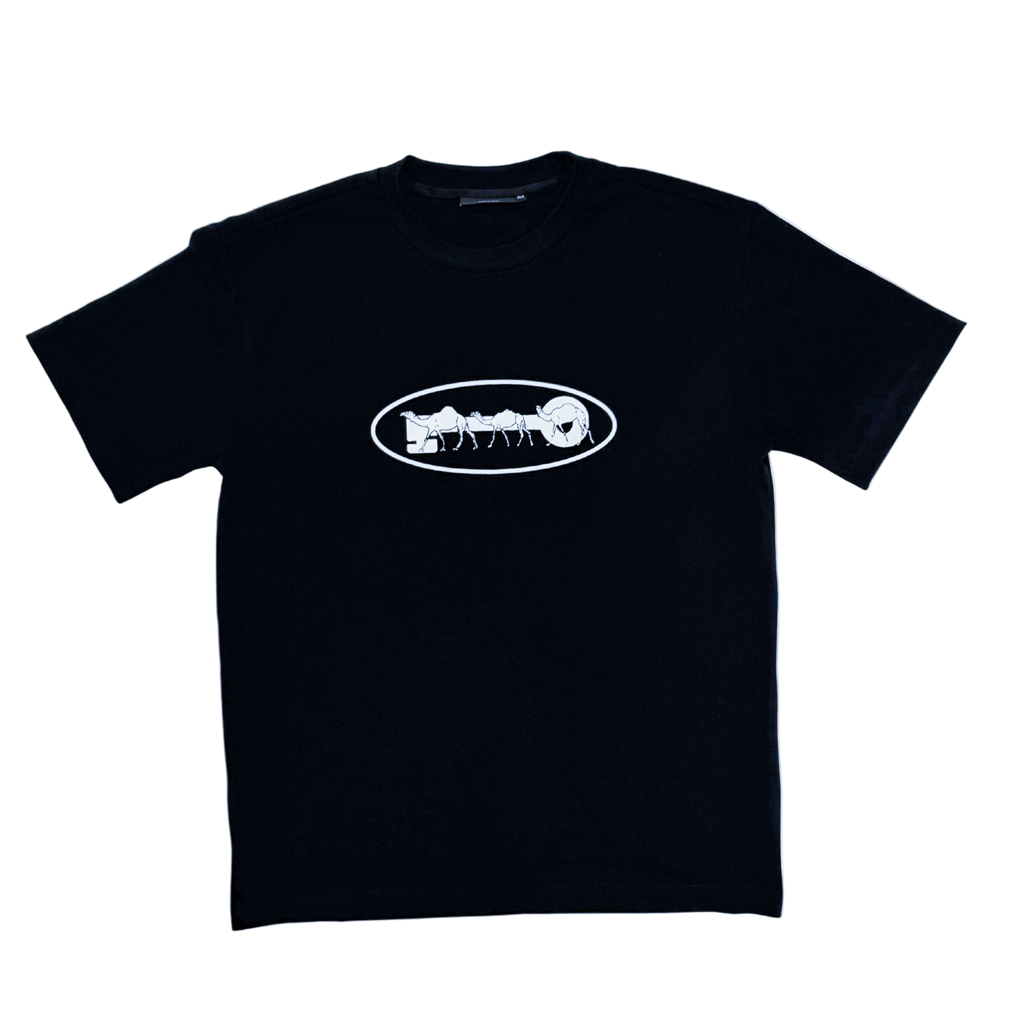 Black t-shirt with a white logo on a white background