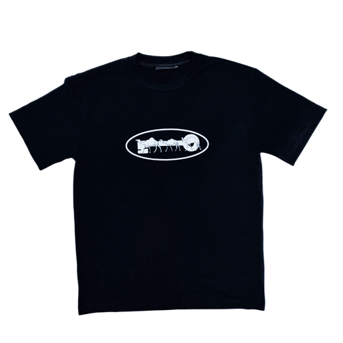 Black t-shirt with a white logo on a white background