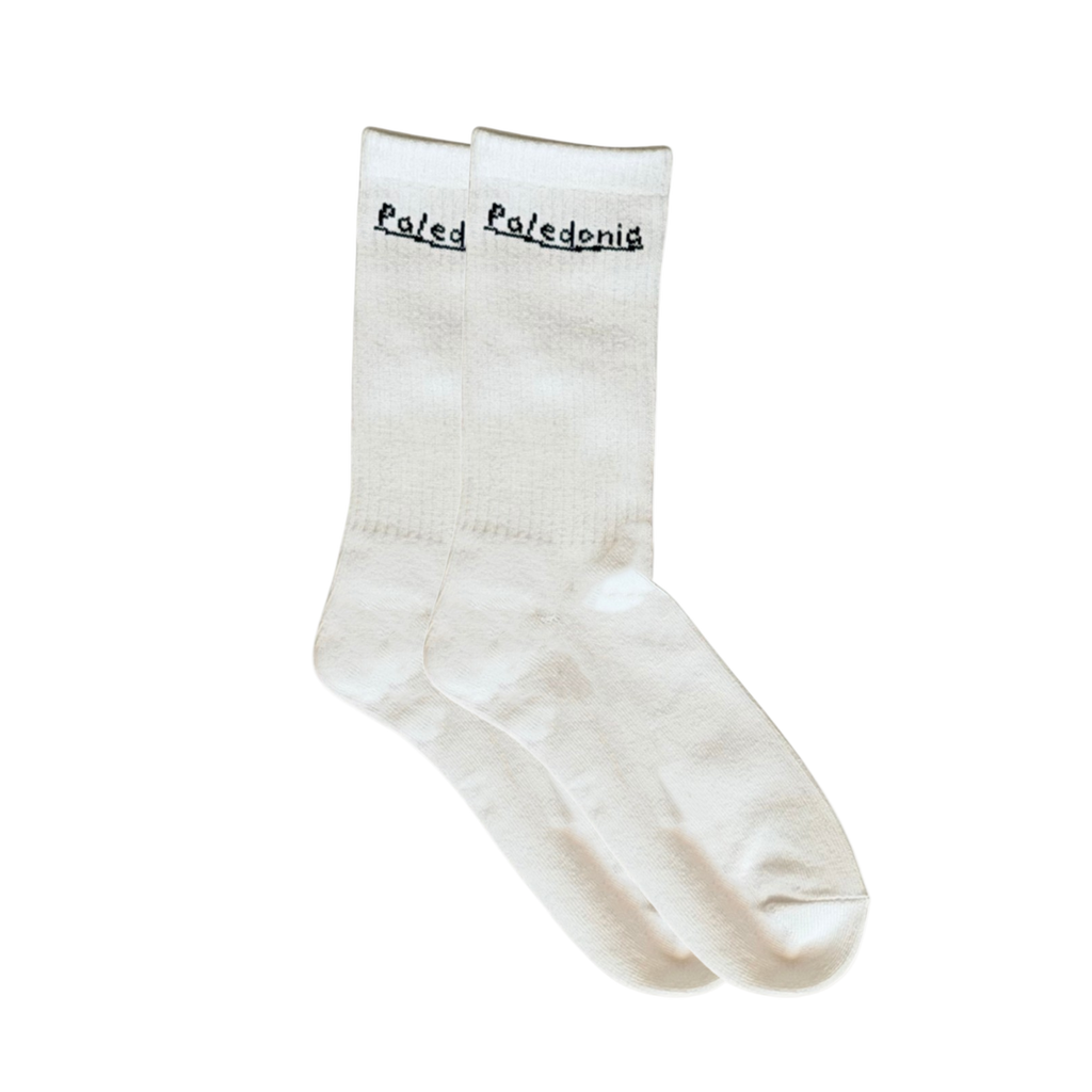 White socks with black text on a white background