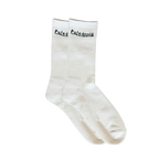 White socks with black text on a white background